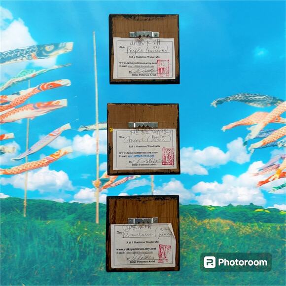 Reiko Patterson Set 3 Woodcraft Small Japanese Characters Purple Green Mountain - Picture 2 of 7